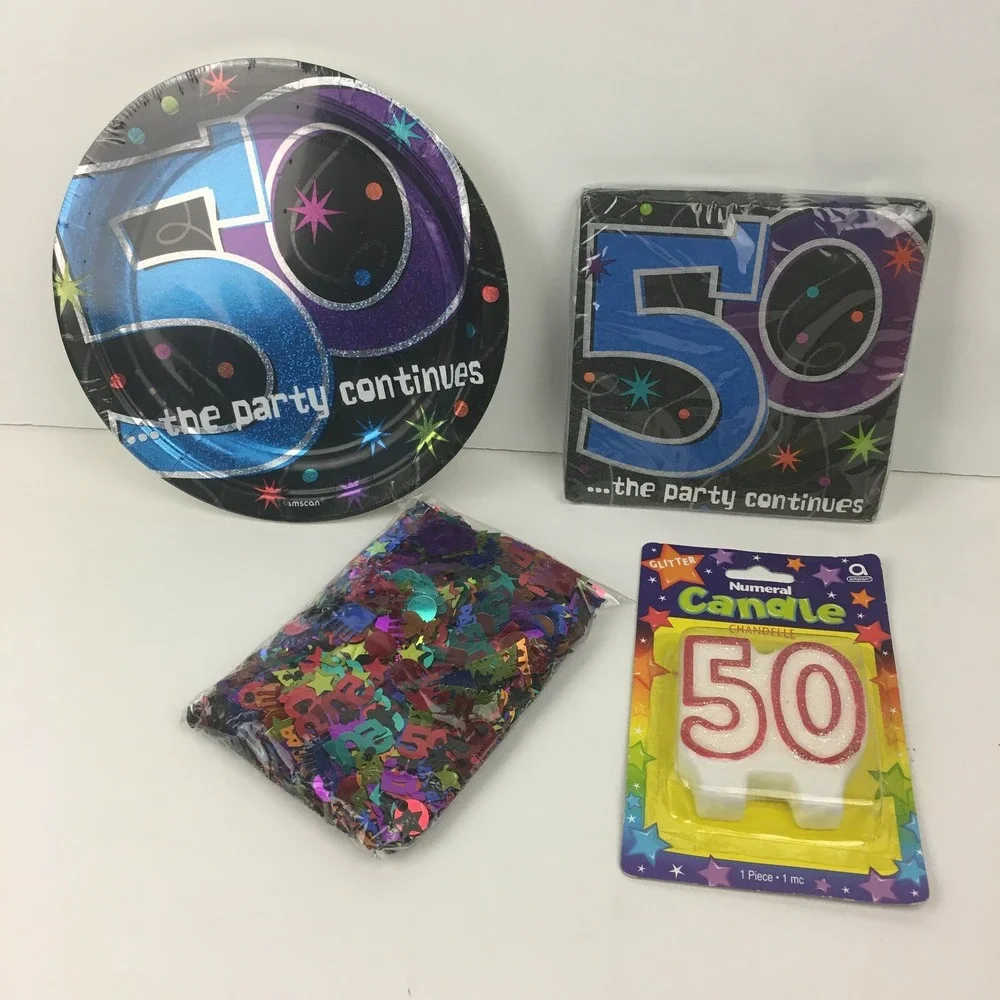 50th Birthday Confetti Candles Napkins Plates Party Black Silver Colorful‎ READ